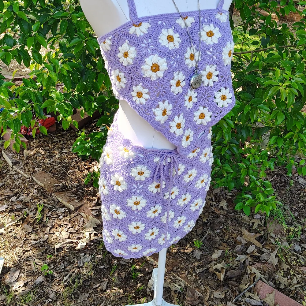 AKIRA SZ M CROCHET LAVENDER DAISIES TOP &MINI SKIRT SET FESTIVAL BOHO - Picture 7 of 7